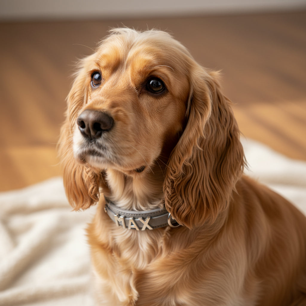 A gray faux-leather dog collar with silver hardware, featuring the name 'MAX' in raised silver letters on the front, displayed on a white block against a white background.