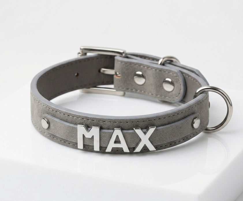 A gray faux-leather dog collar with silver hardware, featuring the name 'MAX' in raised silver letters on the front, displayed on a white block against a white background.
