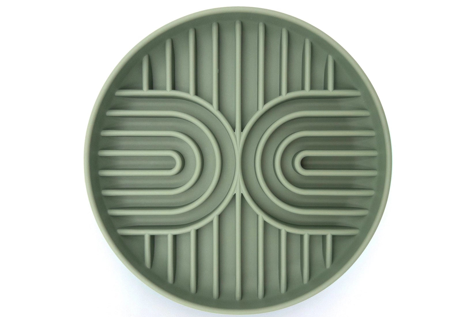 A round, sage green silicone baby feeding mat with a textured, patterned design, shown from a top-down view on a white background.
