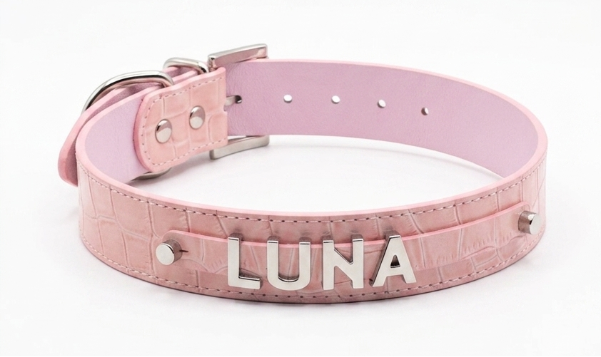 A light pink crocodile-embossed leather collar with silver hardware and the name 'LUNA' in silver lettering on the front, displayed on a clean white background.