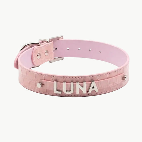 A pink crocodile-embossed leather dog collar with silver hardware and the name 'LUNA' in raised silver letters, shown on a plain white background.