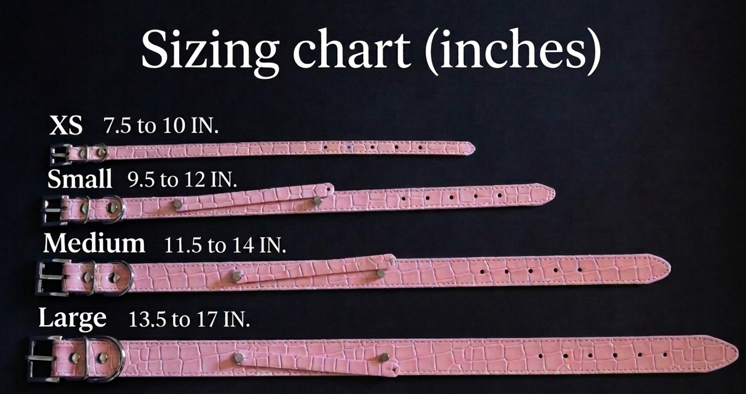 A sizing chart for watch straps showing measurements in inches for sizes XS, Small, Medium, and Large, with each strap laid out horizontally on a black background.